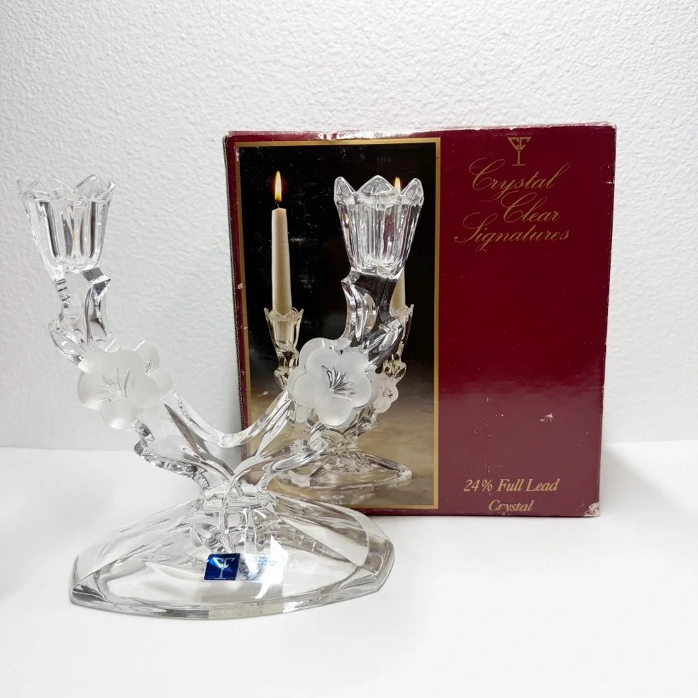 Vintage Crystal Clear Signatures Lead Crystal Floral Dual Candlestick